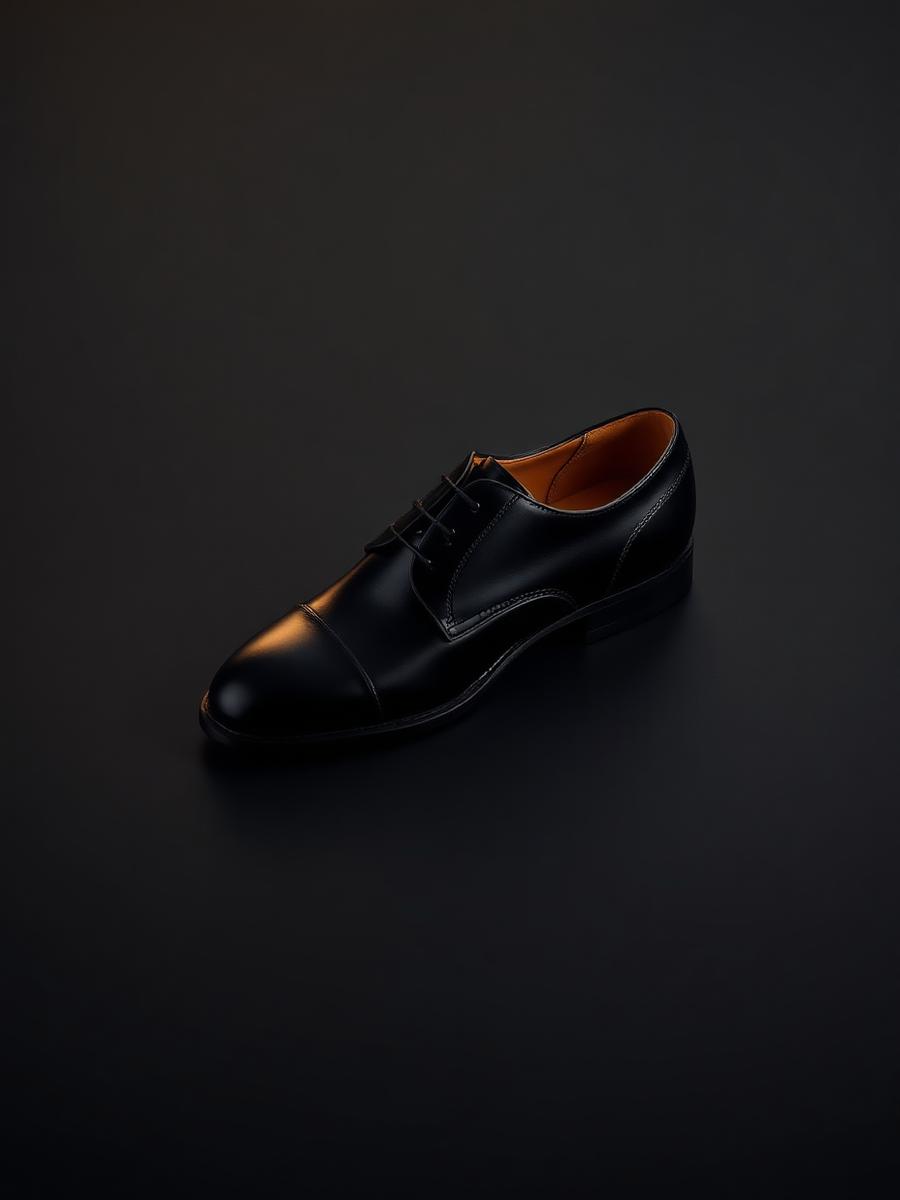 Polished black leather dress shoe lit by warm gold light