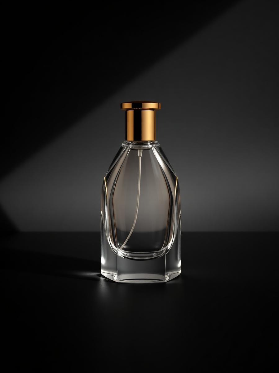 Crystal fragrance bottle with a gold cap on a matte black surface